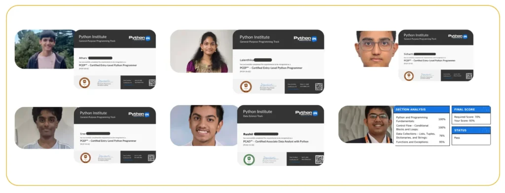 Sample of PCEP Certified Students at UnicMinds Coding Classes for Kids